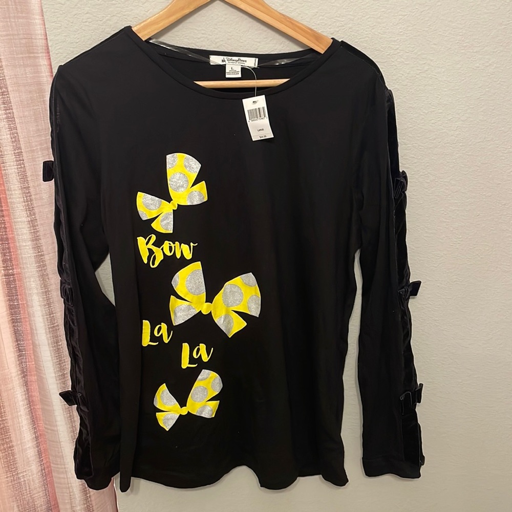 Disney Black Long Sleeve Tee with Yellow & Silver Bow Accents